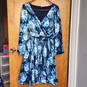 Elegant Blue Floral Wrap Dress